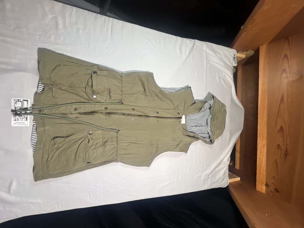 First Love Olive Green Utility Cargo Vest with Striped Lining Hood